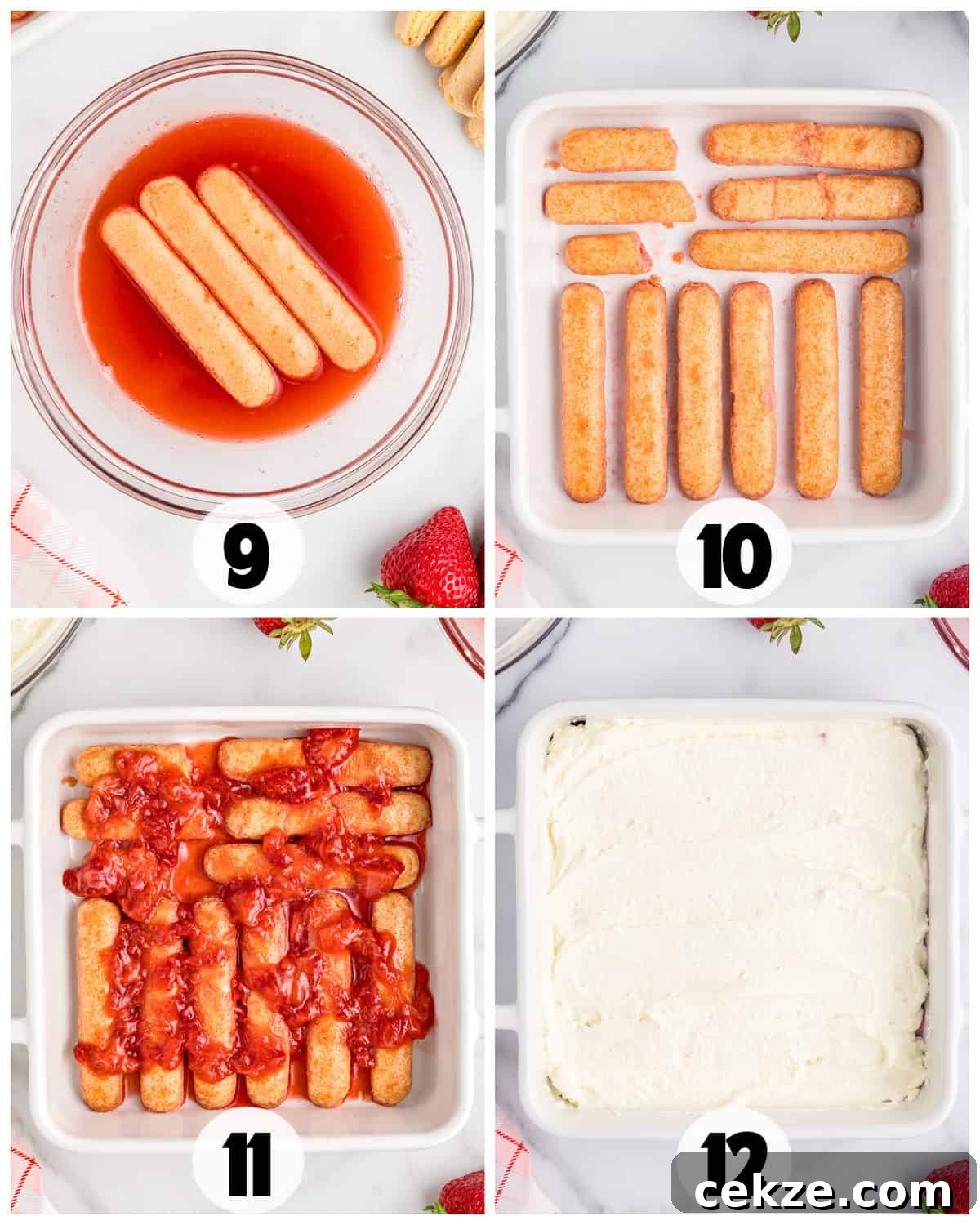 Four-step collage showing strawberry tiramisu: ladyfingers dipped in strawberry mixture, layered in a dish, topped with more strawberry mixture, then covered with cream.