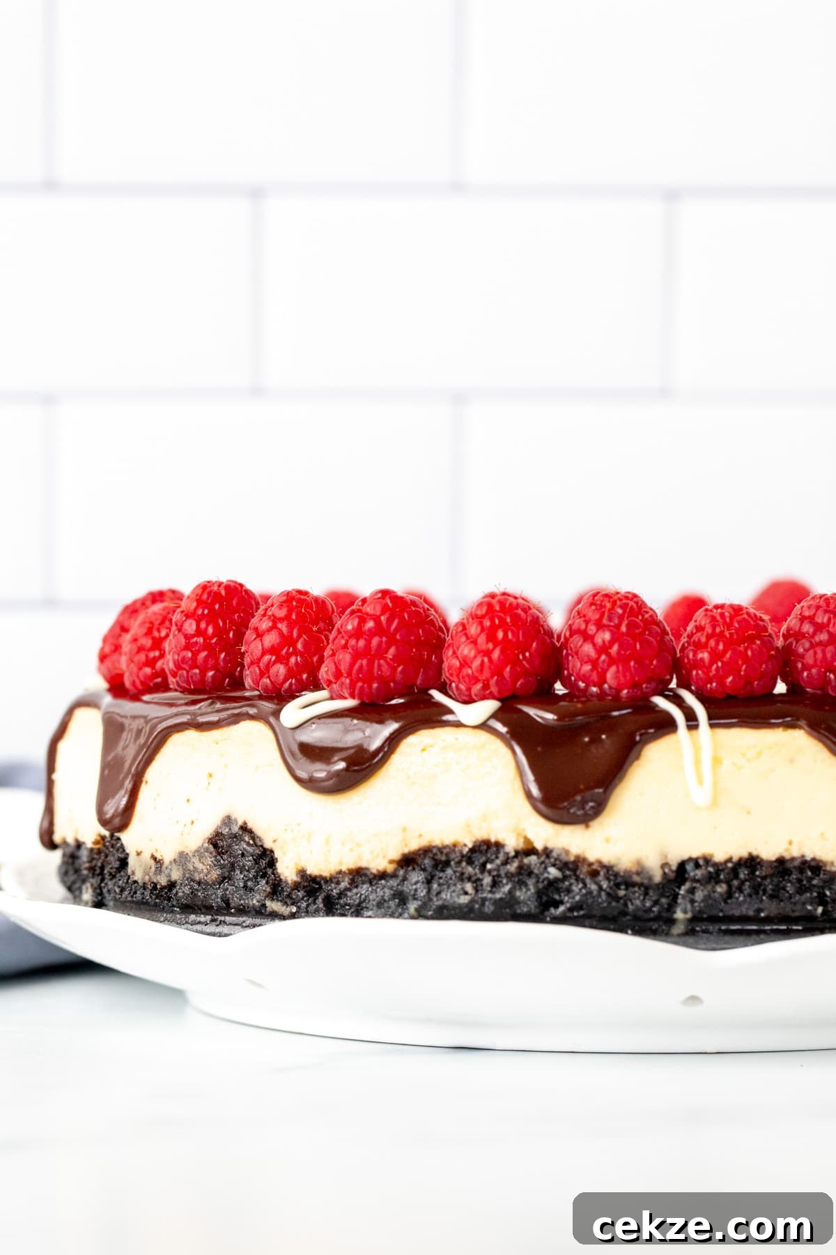9-inch round white chocolate cheesecake with chocolate topping and raspberries