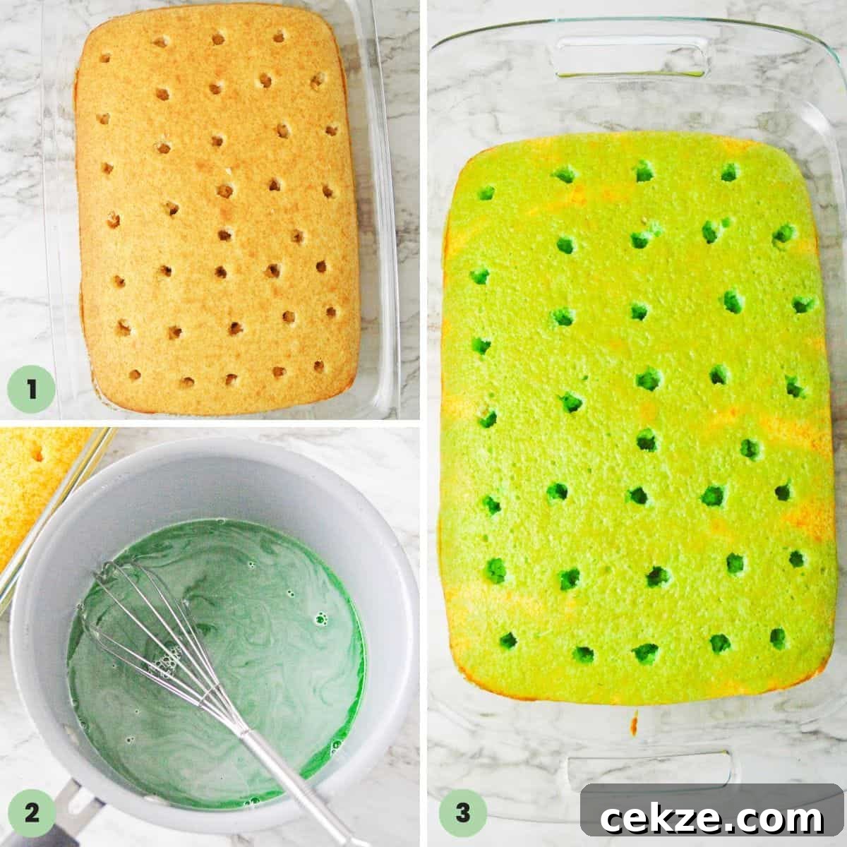 Collage of 3 images showing how to bake a white cake, poke it, and fill it with lime jello.