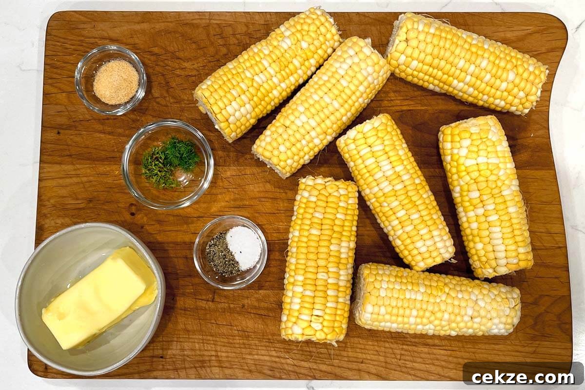 Oven Roasted Corn on the Cob ingredients shot on a board.