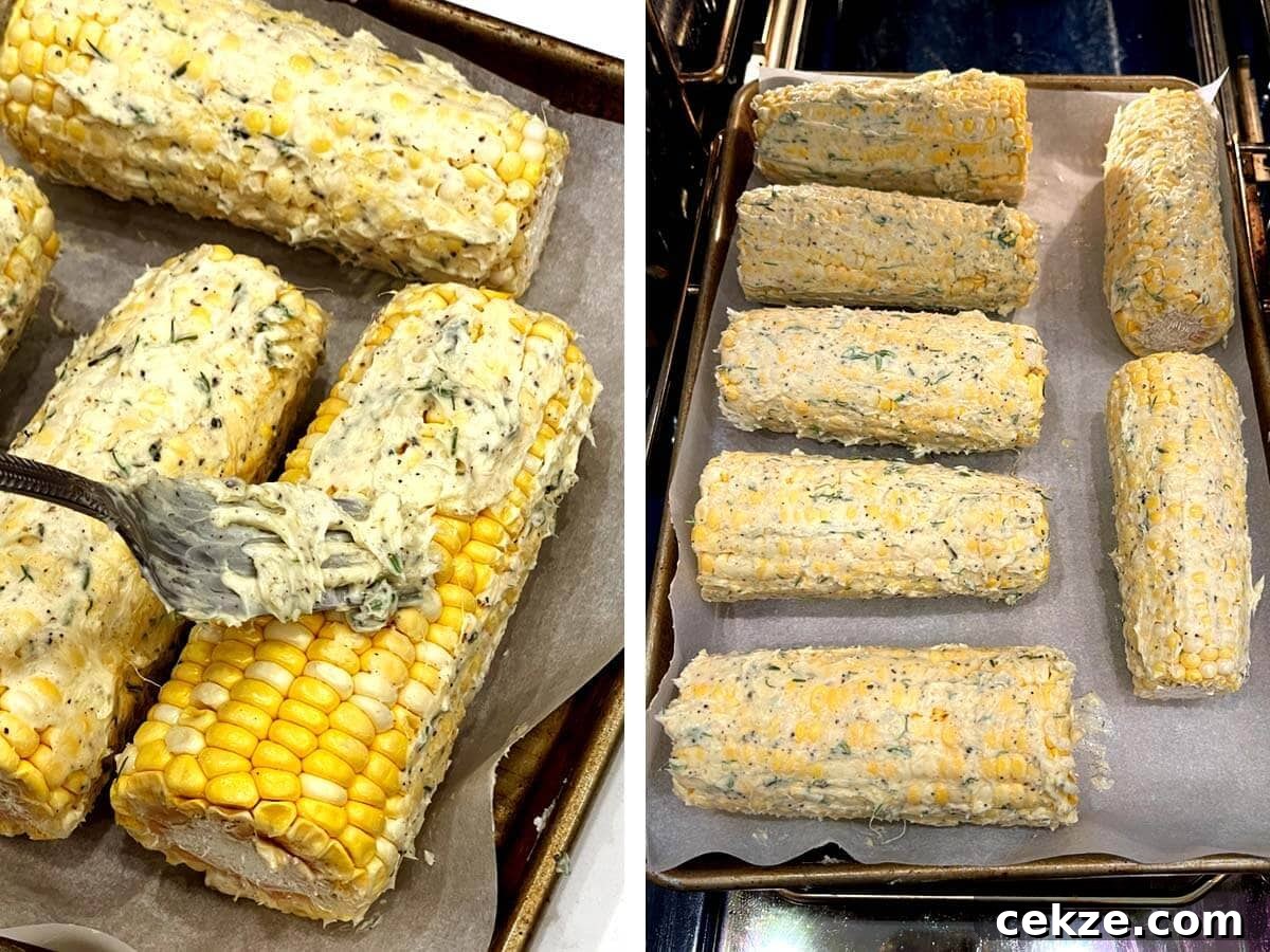 Spreading compound butter on ear of corn, pan of buttered corn cobs going in oven.