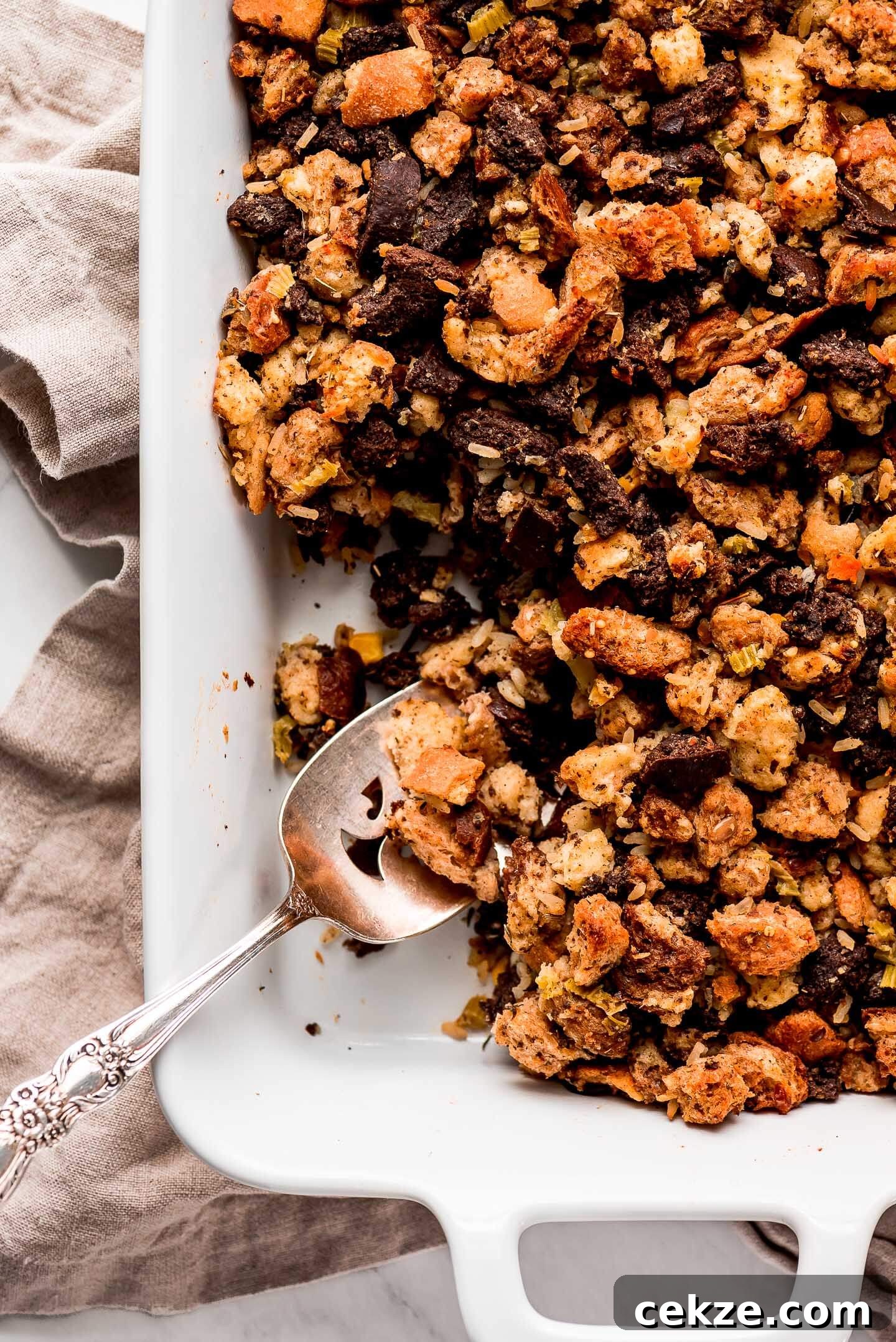 Homemade Stuffing in a white casserole dish.