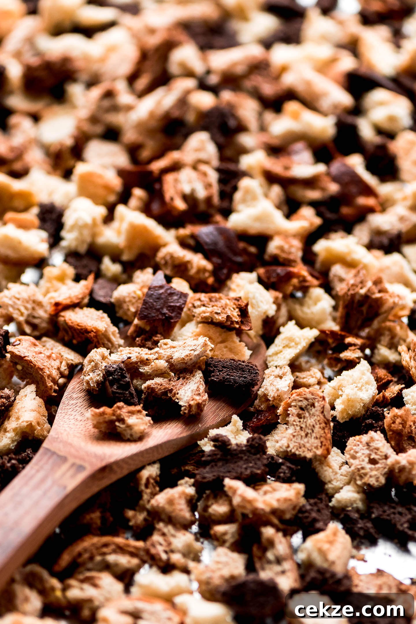 Various small dried pieces of bread on a baking sheet.