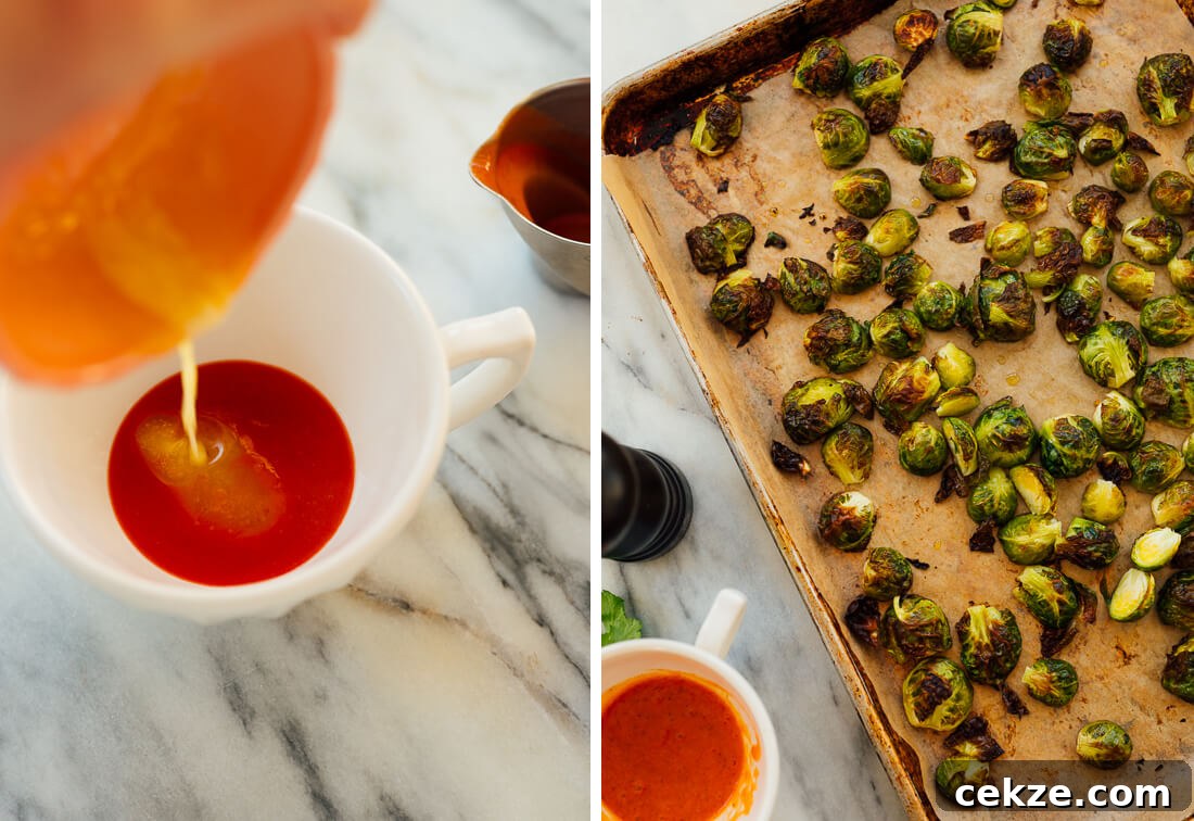 Buffalo sauce and roasted Brussels sprouts