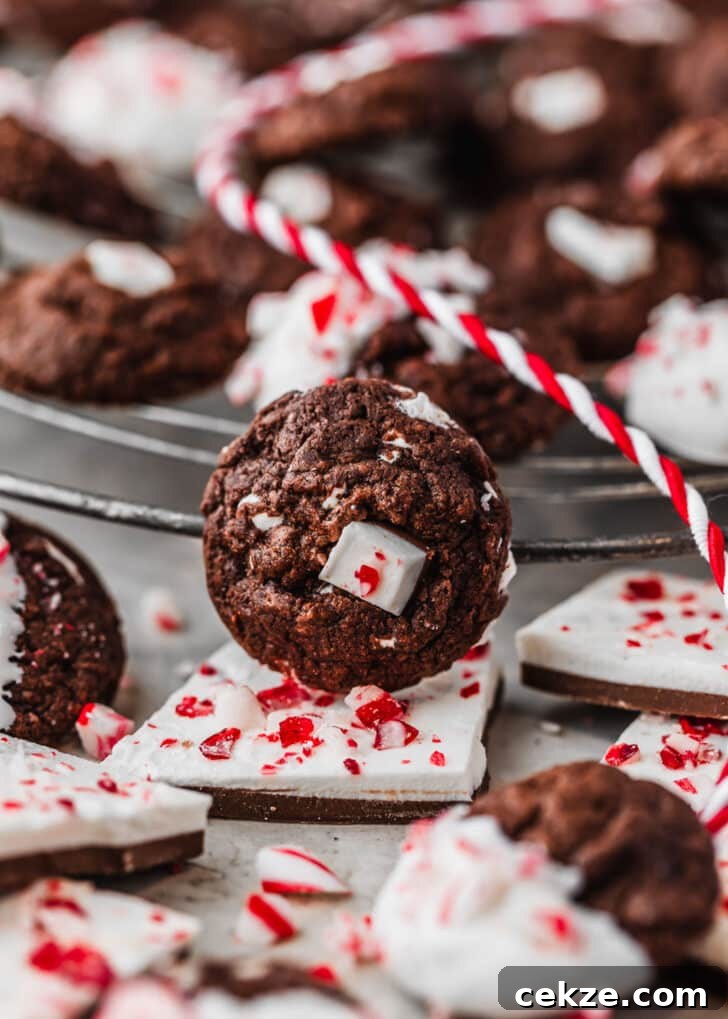 A cookie leaning against a wire rack of mini chocolate peppermint bark cookies next to peppermint bark and red and white striped ribbon with a grey background.