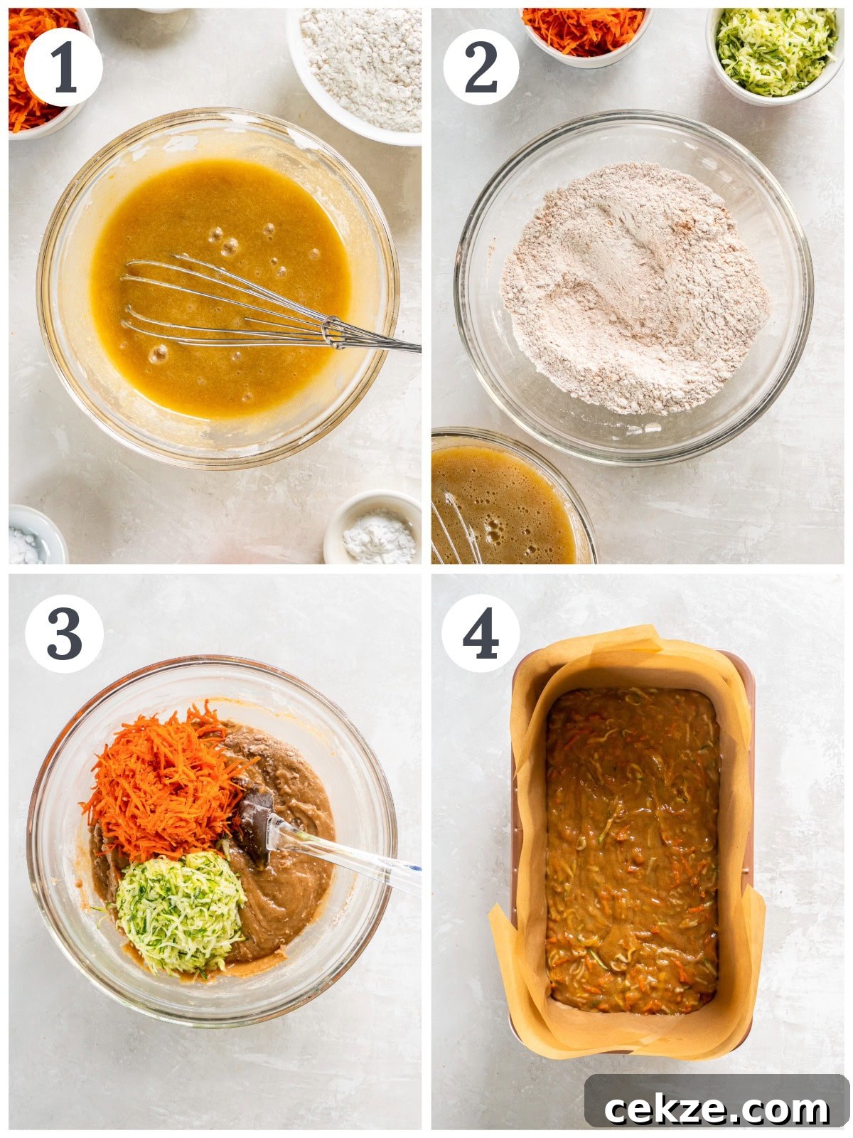 photo collage demonstrating how to make zucchini carrot bread in a mixing bowl and loaf pan.
