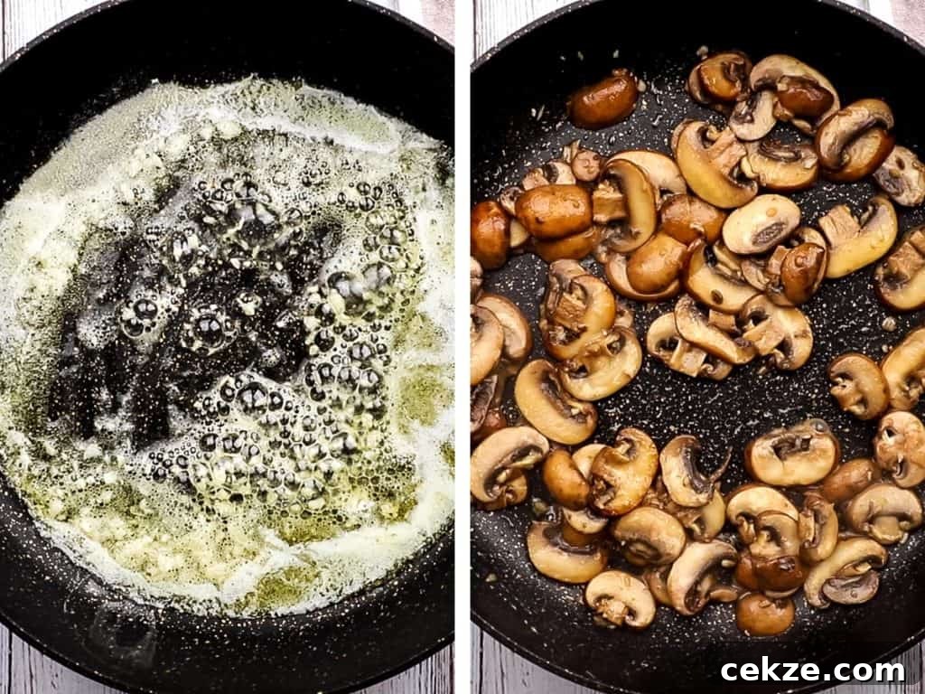 sauteeing mushrooms in butter and garlic.