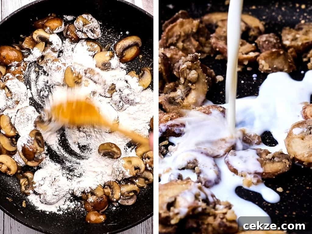 Stirring flour and milk into sauteed mushrooms for sauce.